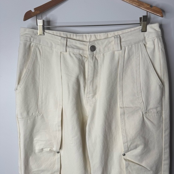 JHYQ Heavy Organic Cotton Deconstructed Studded Raw Hem Wide Leg Jeans Off White - Picture 4 of 13